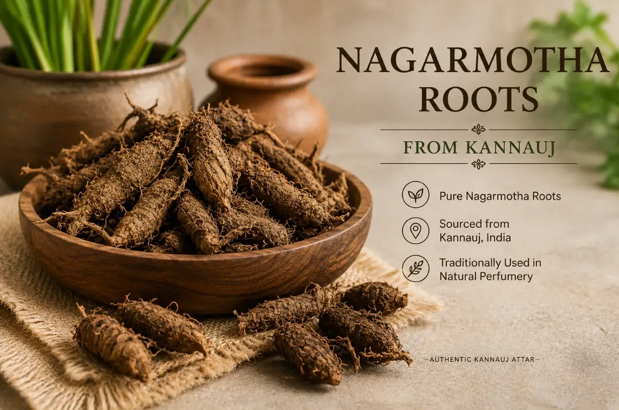 Raw Nagarmotha roots used for traditional steam distillation in Kannauj