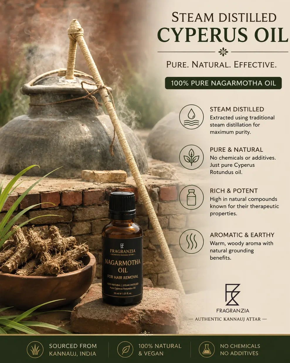 Traditional steam distillation process of Cyperus Oil in Kannauj