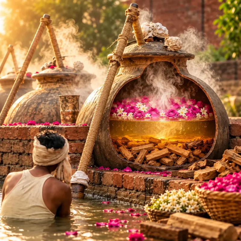 Golden-Hour Rose Distillation Yard